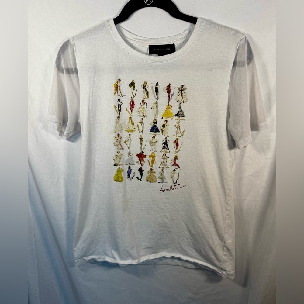 H by HALSTON Mesh Sleeve Graphic T Shirt Women Fashion Size S - Picture 3 of 11
